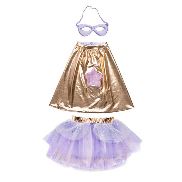 Disfraz Heroína Super-Duper Tutu Capa Máscara Oro Lila 4 a 6 años