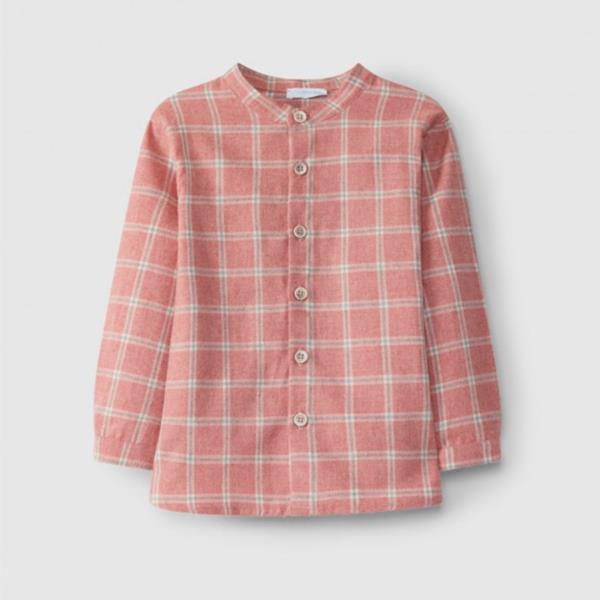 Camisa Burdeos De Cuadros Cuello Mao 100% Algodón Laranjinha