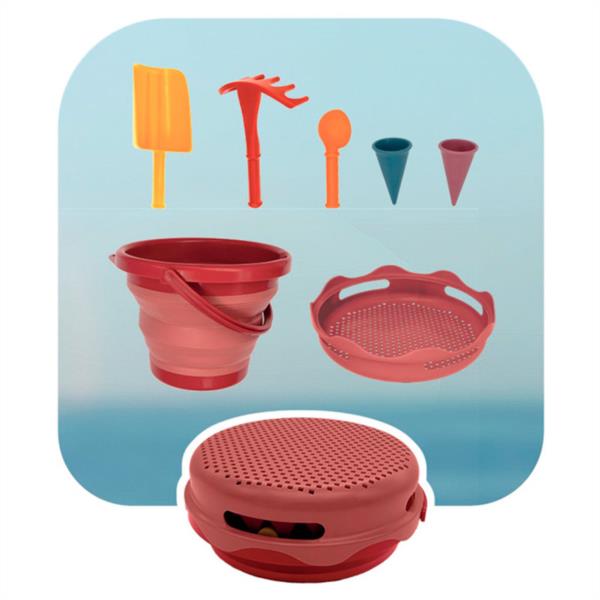 Cubo De Playa Plegable 7 En 1 Color Rojo