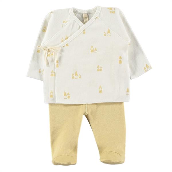 CONJUNTO JUBON CRUZADO POLAINA AMARILLO BE LITTLE CORN CAMISA PANTALON BEBE RECIEN NACIDO