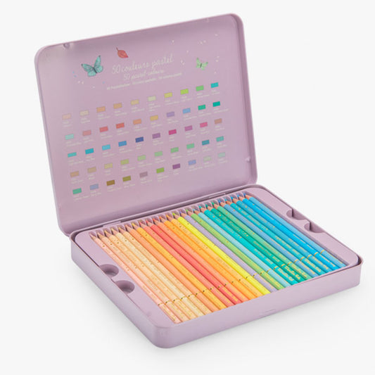 Caja Metálica Con 50 Lápices Pastel Les Rosalies Moulin Roty