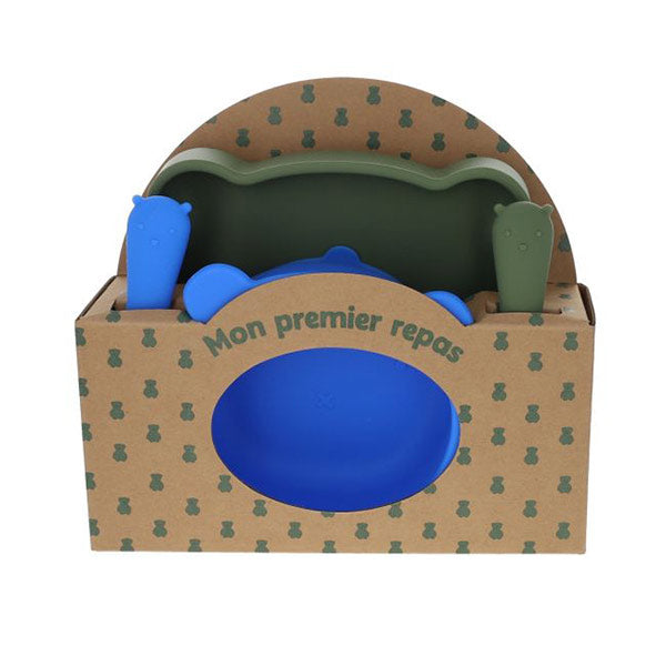 Set Primera Comida Bebé Silicona Azul Y Caqui Ventosa Ma Bonne Etoile