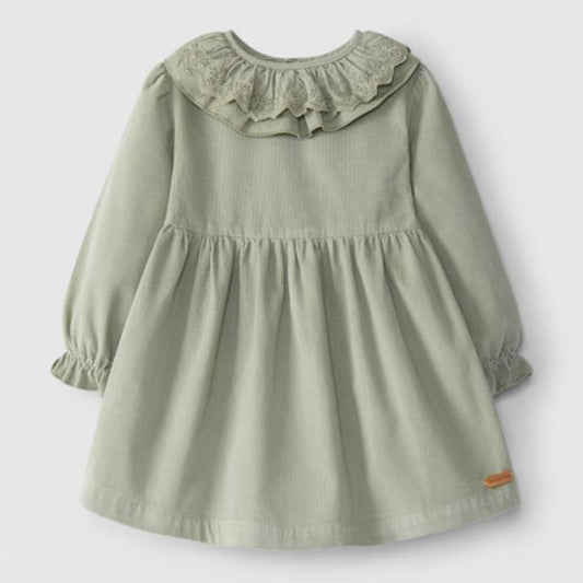 Vestido Con Cuello De Volante Bordado Inglés Color Caqui Laranjinha