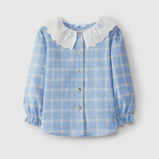 Blusa Azul A Cuadros Con Cuello Bordado Inglés Azul Medio Laranjinha