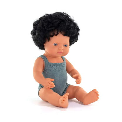Muñeco Bebé Caucásico Moreno Pelo Rizado 38cm Ropa Color Plomo