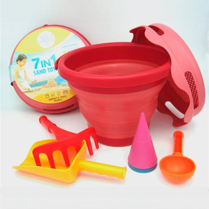 Cubo De Playa Plegable 7 En 1 Color Rojo