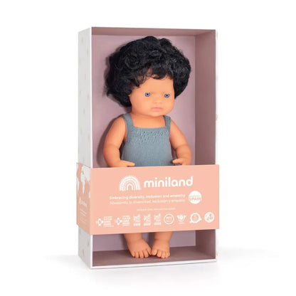 Muñeco Bebé Caucásico Moreno Pelo Rizado 38cm Ropa Color Plomo
