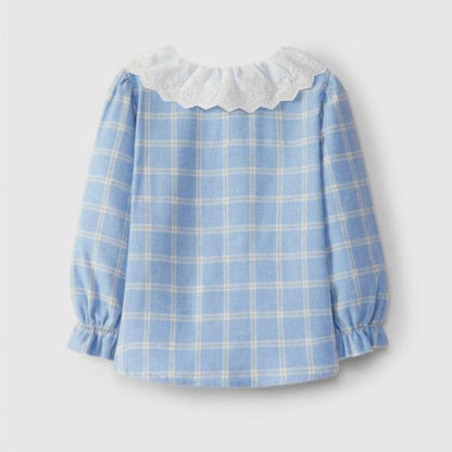 Blusa Azul A Cuadros Con Cuello Bordado Inglés Azul Medio Laranjinha