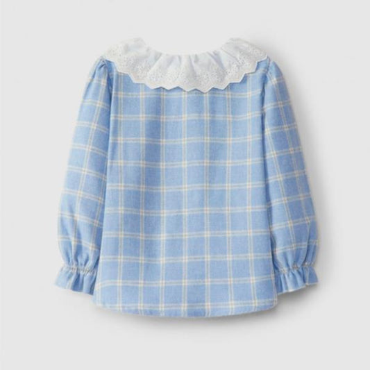 Blusa Azul A Cuadros Con Cuello Bordado Inglés Azul Medio Laranjinha