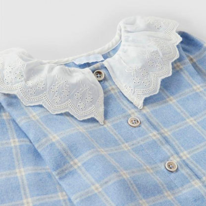 Blusa Azul A Cuadros Con Cuello Bordado Inglés Azul Medio Laranjinha
